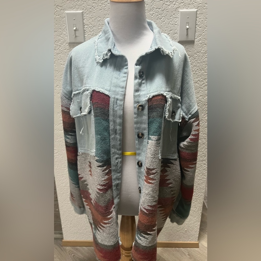 Blue B Collection Southwestern Denim Jacket Large Button Up Pockets Rodeo
